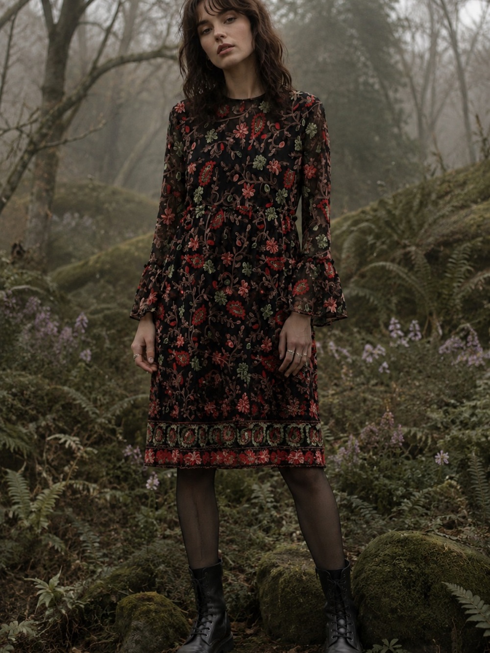 Weslee Rose Size 4 Black Floral Embroidered Mesh Mini Dress Boho Whimsgoth